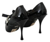 Black Leather Crystal Heel Mary Jane Shoes