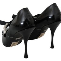 Black Leather Crystal Heel Mary Jane Shoes