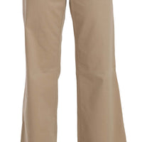 Beige Cotton Mid Waist Flared Trousers Pants