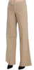 Beige Cotton Mid Waist Flared Trousers Pants