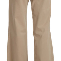 Beige Cotton Mid Waist Flared Trousers Pants