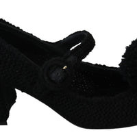 Black Wool Pom Pom Block Mary Jane Shoes
