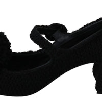 Black Wool Pom Pom Block Mary Jane Shoes