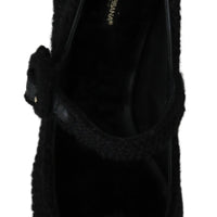 Black Wool Pom Pom Block Mary Jane Shoes