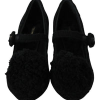 Black Wool Pom Pom Block Mary Jane Shoes