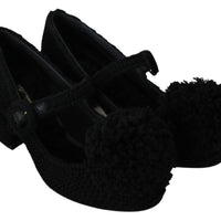 Black Wool Pom Pom Block Mary Jane Shoes