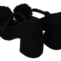 Black Wool Pom Pom Block Mary Jane Shoes