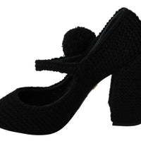 Black Pom Pom Block Heels Mary Jane Shoes