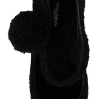 Black Pom Pom Block Heels Mary Jane Shoes