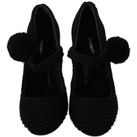 Black Pom Pom Block Heels Mary Jane Shoes