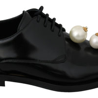 Black Leather Pearl Studs Lace Up Formal Shoes