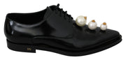 Black Leather Pearl Studs Lace Up Formal Shoes