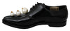 Black Leather Pearl Studs Lace Up Formal Shoes