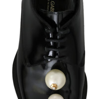 Black Leather Pearl Studs Lace Up Formal Shoes