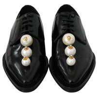 Black Leather Pearl Studs Lace Up Formal Shoes