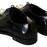 Black Leather Pearl Studs Lace Up Formal Shoes