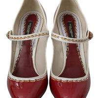 Red White Leather Block Heels Mary Jane Shoes