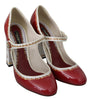 Red White Leather Block Heels Mary Jane Shoes