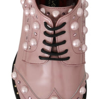 Pink Leather Crystal Pearls Studs Formal Shoes