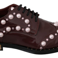 Bordeaux Leather Crystal Pearls Formal Shoes