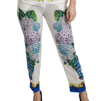 White Hydrangea Straight Mid Waist Silk  Pants