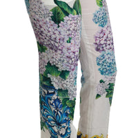 White Hydrangea Straight Mid Waist Silk  Pants