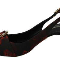 Black Rose Jacquard Heels Slingback Shoes