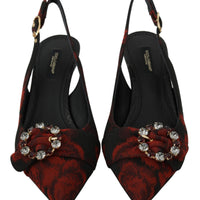 Black Rose Jacquard Heels Slingback Shoes