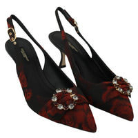 Black Rose Jacquard Heels Slingback Shoes