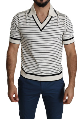 Black White Stripes V-neck Style Polo T-shirt