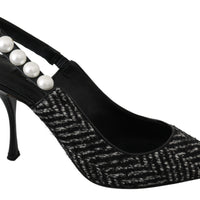 Black Chevron Pearls Heels Slingback Shoes