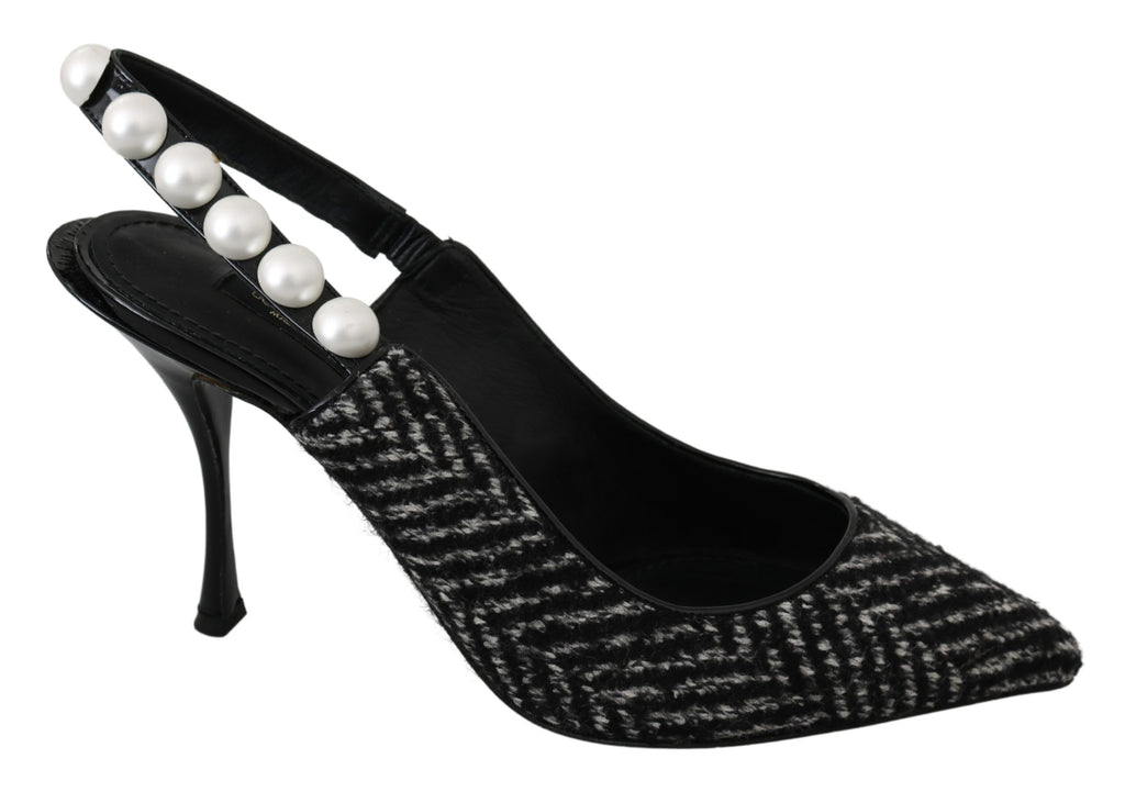 Black Chevron Pearls Heels Slingback Shoes