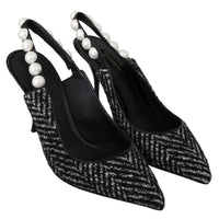 Black Chevron Pearls Heels Slingback Shoes