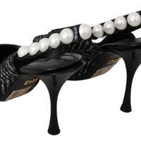 Black Chevron Pearls Heels Slingback Shoes