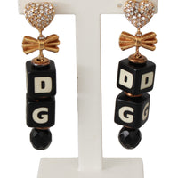 Gold Clear Crystal Heart Clip On Dangling Bow Earrings