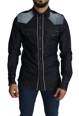 Blue Denim Logo Patch Men Casual Shirt