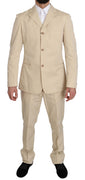 Two Piece 3 Button Beige Cotton Solid Suit