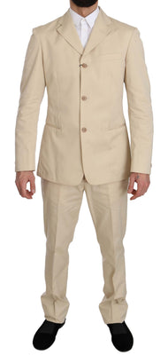 Two Piece 3 Button Beige Cotton Solid Suit