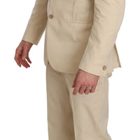 Two Piece 3 Button Beige Cotton Solid Suit