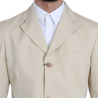 Two Piece 3 Button Beige Cotton Solid Suit