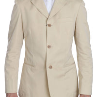 Two Piece 3 Button Beige Cotton Solid Suit