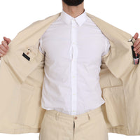 Two Piece 3 Button Beige Cotton Solid Suit