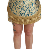 Blue High Waist Jacquard Tassel Gold Skirt