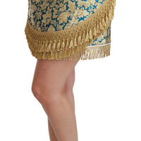 Blue High Waist Jacquard Tassel Gold Skirt