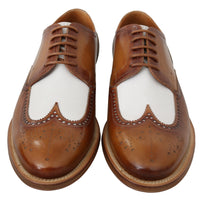 Brown White Leather Derby Brogue Shoes