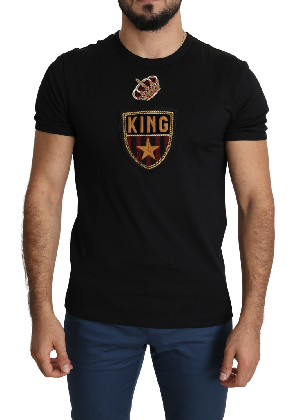 Black King Crown Patch Men Top Cotton  T-shirt