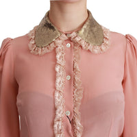 Pink Silk Gold Sequin Lace Blouse Shirt