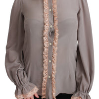 Gray Silk Gold Sequin Lace Blouse Shirt