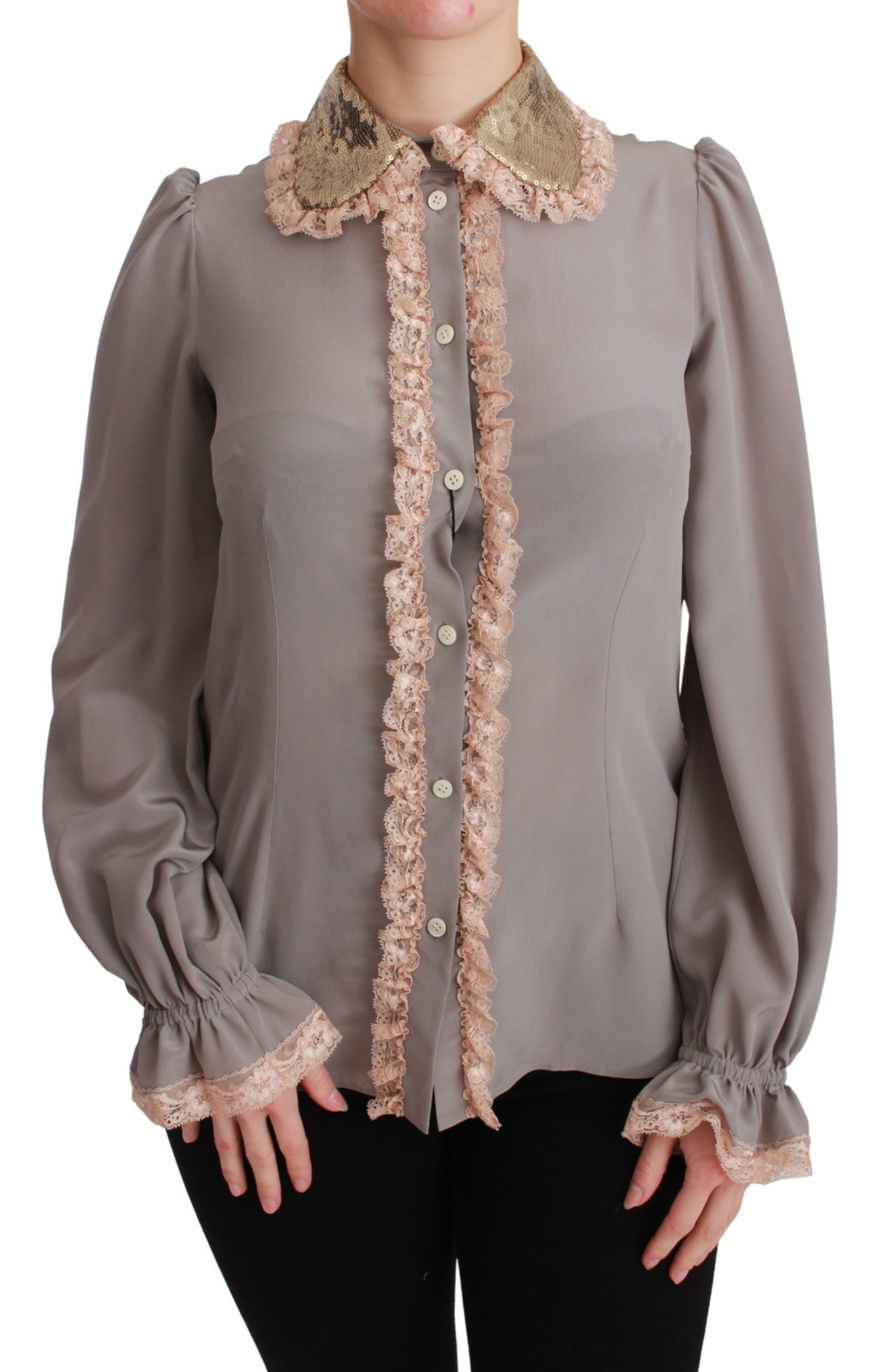 Gray Silk Gold Sequin Lace Blouse Shirt