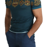 Blue Emblem Print Casual Top  Cotton T-shirt